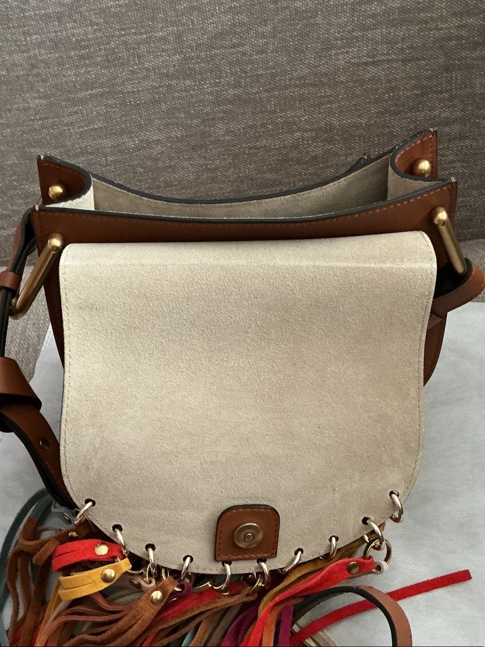 Chloe Tan Leather Crossbody Bag with Multicolor Suede Fringe - Picture 3 of 9